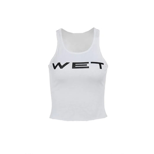 White cropped tank top with bold black wet lettering featuring hip hop harajuku vintage chic y2k gothic punk printed style