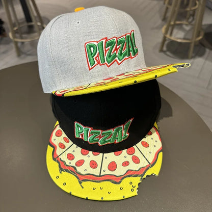 Gray and black snapback cap with pizza embroidery and yellow pizza slice brim for women celebrity baseball and summer street dance