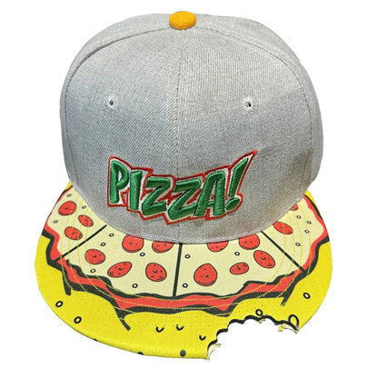 Gray snapback hip-hop hat for men and women featuring pizza-themed embroidery and a pepperoni slice brim for summer street dance