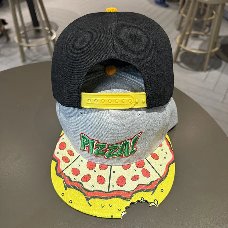 Gray snapback cap with yellow pepperoni pizza brim and pizza lettering, ideal women celebrity baseball and summer street dance hat