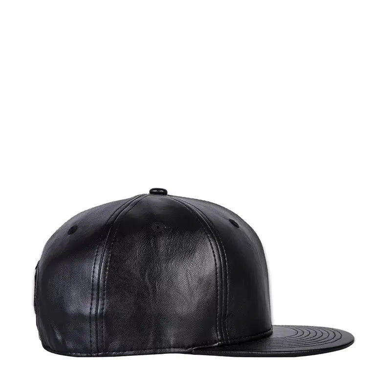 Black faux leather hip hop hat with flat brim and stitched paneling, a versatile black leather flat brimmed cap