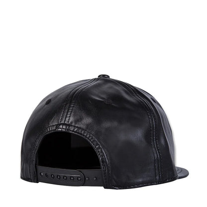 Black leather flat brimmed hip hop hat with snapback adjustable strap for versatile men’s streetwear style