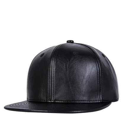 Black leather snapback hip hop hat with flat brim and stitched panel seams for versatile streetwear use