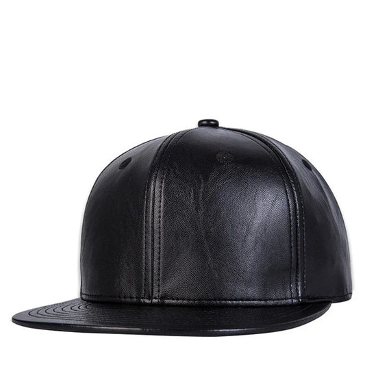 Black leather snapback hip hop hat with flat brim and stitched panel seams for versatile streetwear use