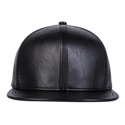 Black leather flat brimmed hip hop hat for men featuring stitched panels and a snapback closure for versatile streetwear