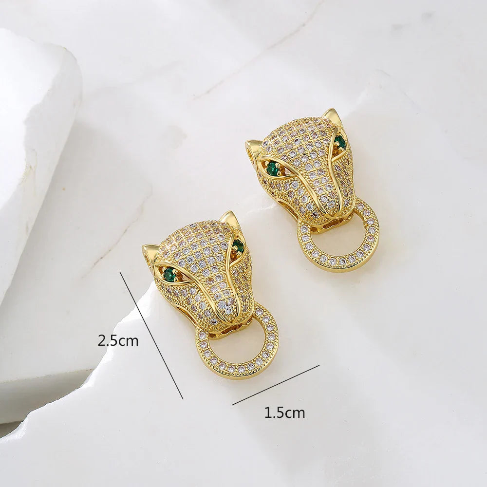 Gold-toned quality leopard hoop earrings for women girls stainless steel with aaa cz stone row and green gemstones
