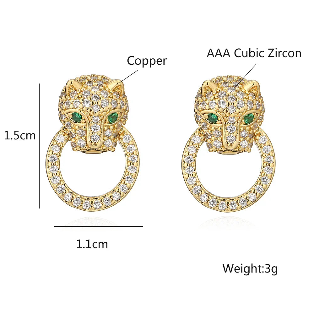 Gold-plated quality leopard hoop earrings with aaa cz stone row and emerald eyes for women girls stainless steel jewelry