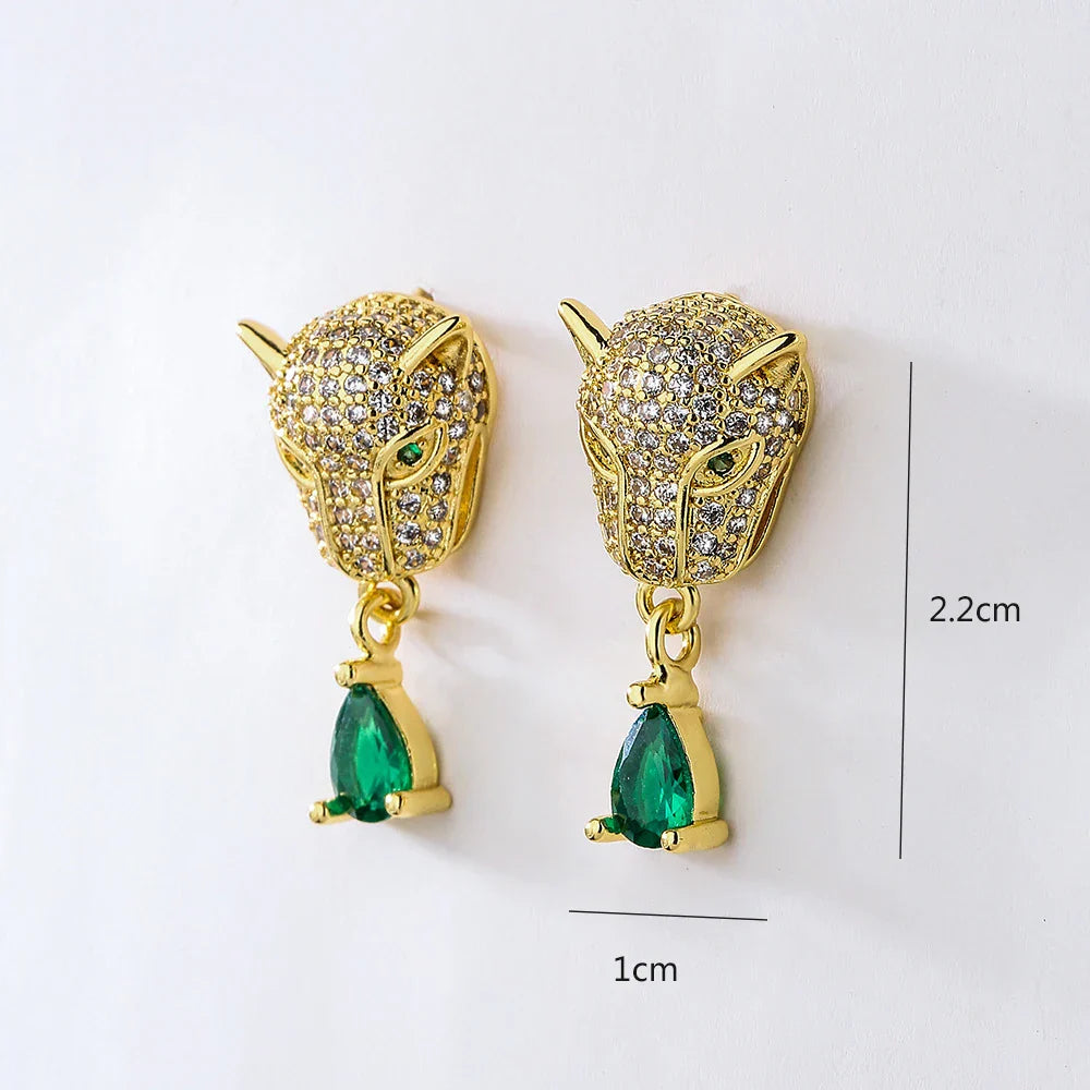 Gold-plated quality leopard hoop earrings for women girls stainless steel with aaa cz stone and emerald teardrop detail