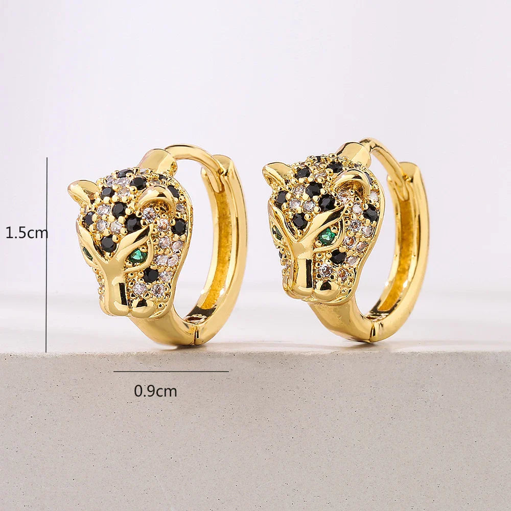 Gold-plated quality leopard hoop earrings with aaa cz stone and green gemstone eyes for women girls stainless steel