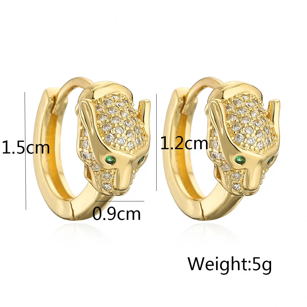 Gold-plated quality leopard hoop earrings for women girls stainless steel with aaa cz stone and green gemstone eyes
