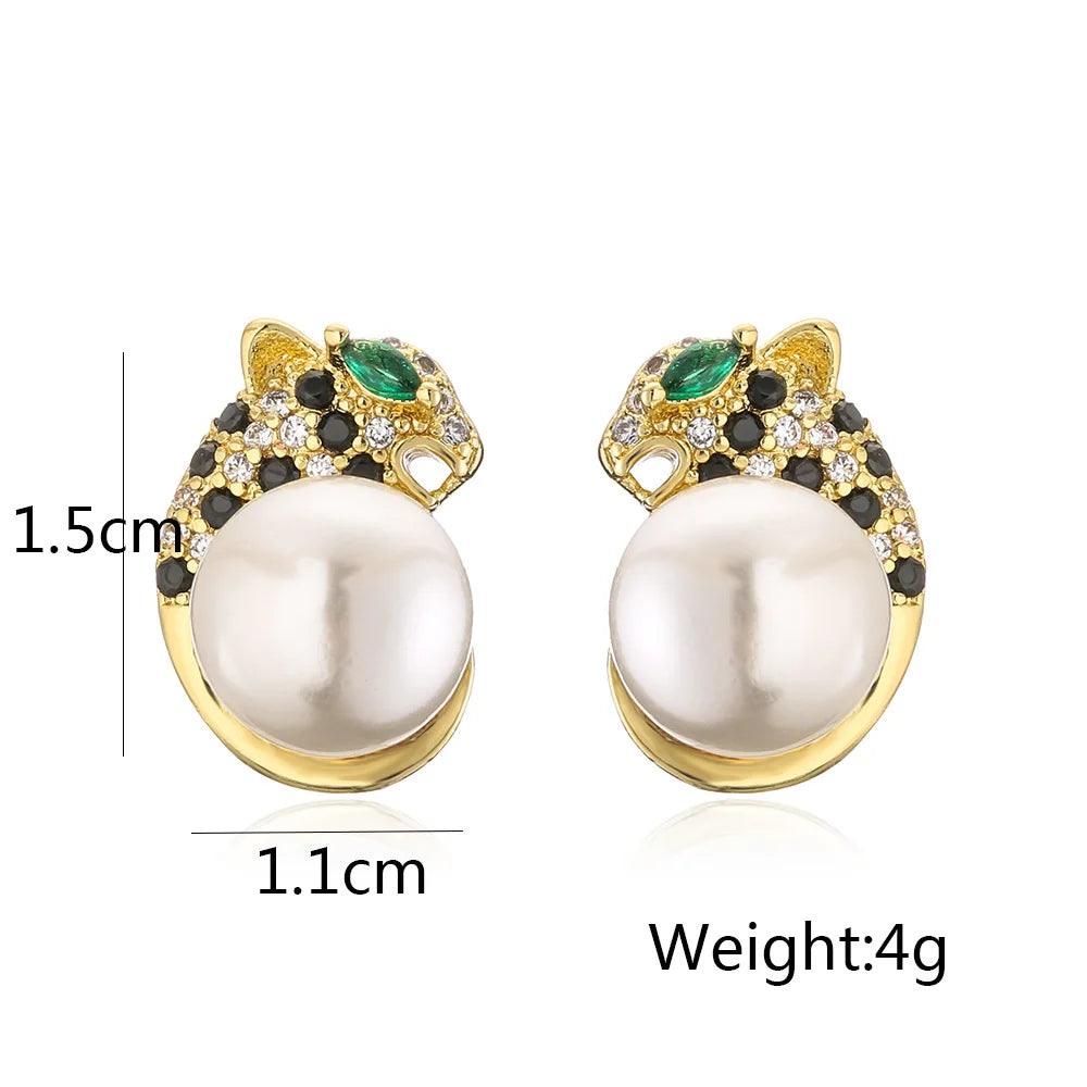 Gold-toned cat-shaped stud earrings with white pearl, green emerald eyes, and aaa cz stones for women girls stainless steel quality leopard hoop
