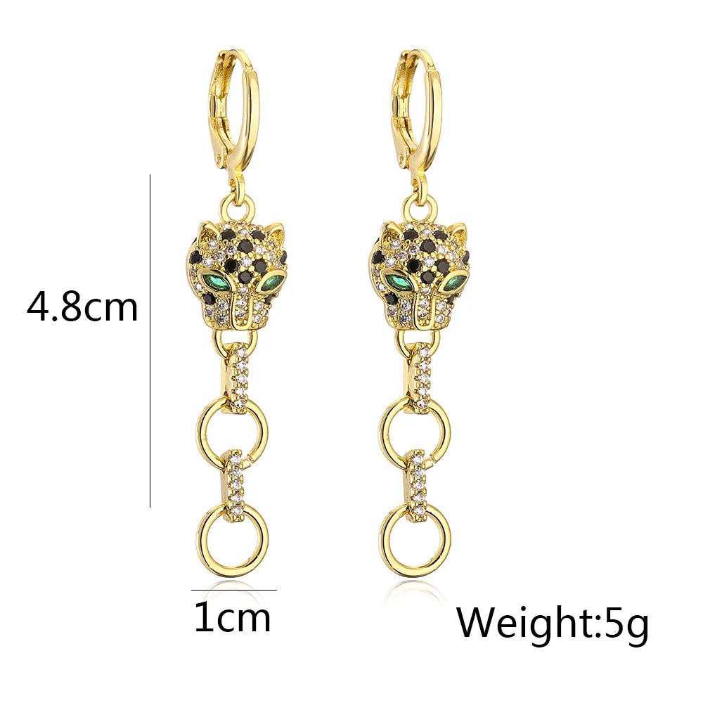 Gold-toned quality leopard hoop earrings with aaa cz stone and green black gemstones for women girls stainless steel