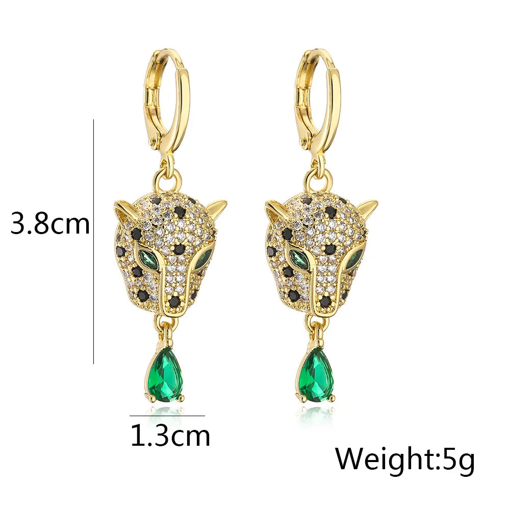 Gold-tone quality leopard hoop earrings for women girls stainless steel with aaa cz stone and emerald green teardrop pendants