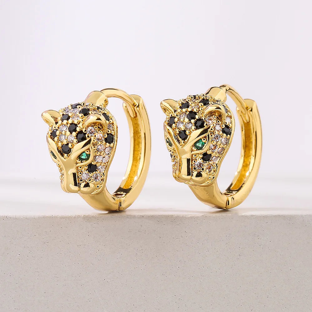 Gold-plated quality leopard hoop earrings for women girls stainless steel with aaa cz stone and green gemstone eyes