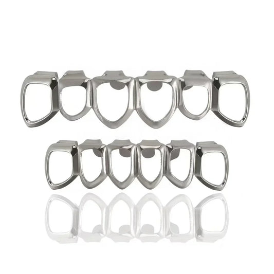 Shiny chrome-plated hip-hop hollowed-out tooth jewelry grillz with five teeth per row suitable for men and women