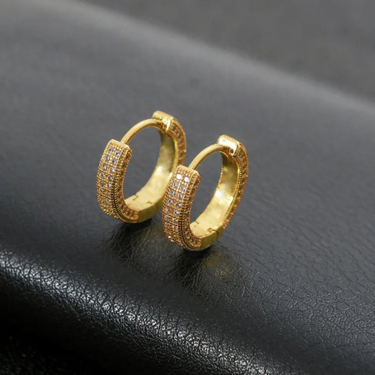 Gold hoop earrings with pave diamond design plated zircon huggies for men boys rap trendy jewelry gifts