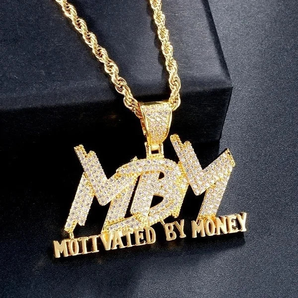 Gold-colored mby pendant with diamond-encrusted letters and matching rope chain shiny cubic zirconia money bag necklace