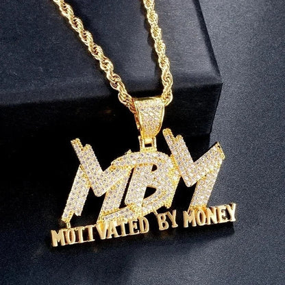 Gold-colored mby pendant with diamond-encrusted letters and matching rope chain shiny cubic zirconia money bag necklace