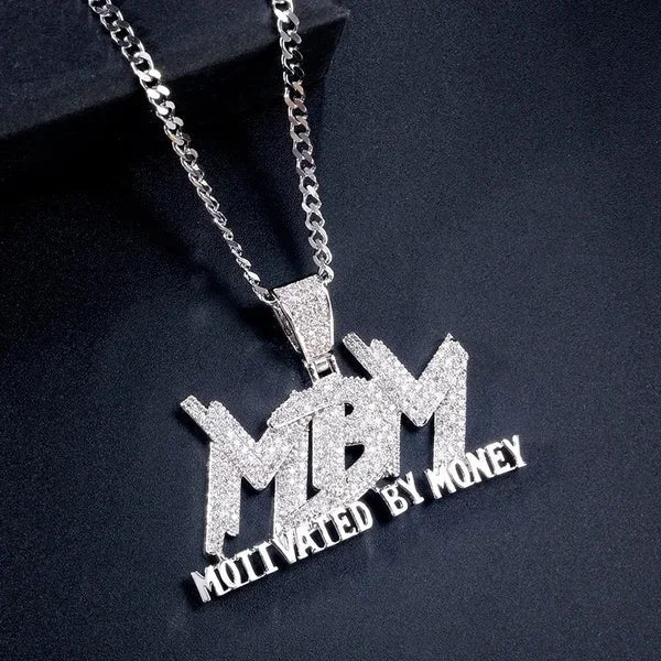 Silver diamond-encrusted dollar money bag pendant on chain with shiny cubic zirconia for hip hop jewelry