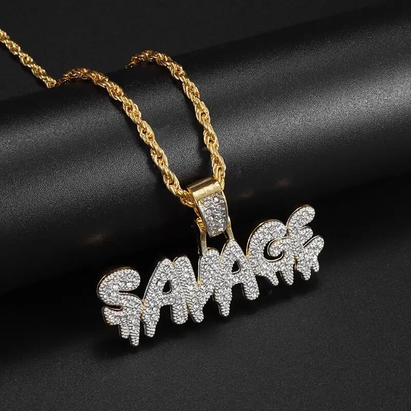 Gold chain money bag necklace with savage cubic zirconia pendant in dripping graffiti style for hip hop jewelry