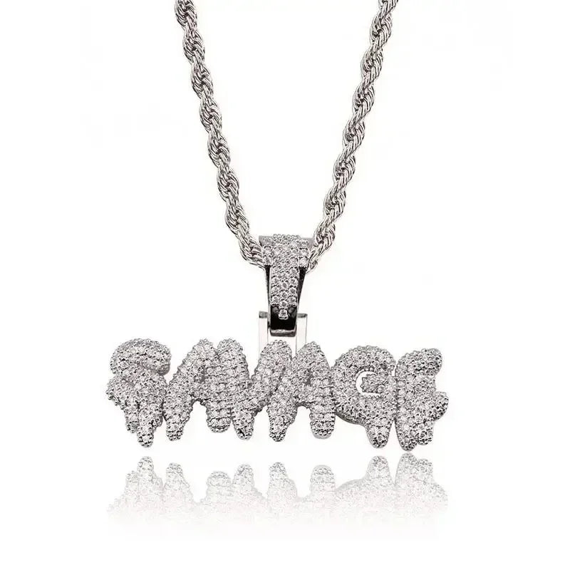 Silver ice iced savage pendant dollar money bag necklace on twisted rope chain with shiny cubic zirconia accents