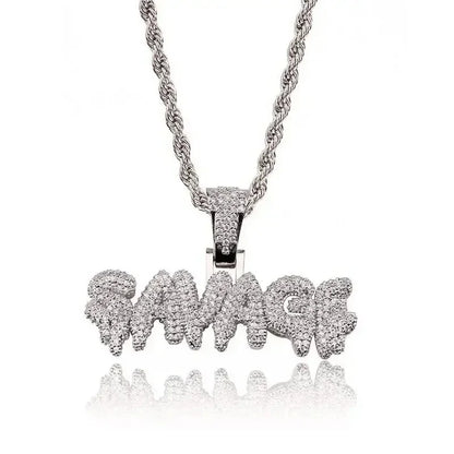 Silver ice iced savage pendant dollar money bag necklace on twisted rope chain with shiny cubic zirconia accents