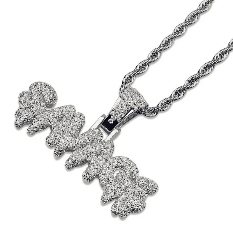 Silver ice cube money bag necklace with shiny cubic zirconia letters mad on a twisted rope chain for hip hop style
