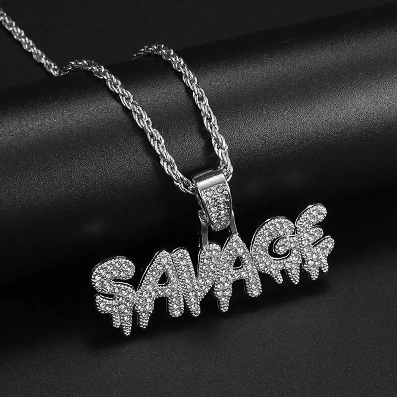 A sparkling silver dollar money bag necklace with shiny cubic zirconia and braided chain for hip hop style