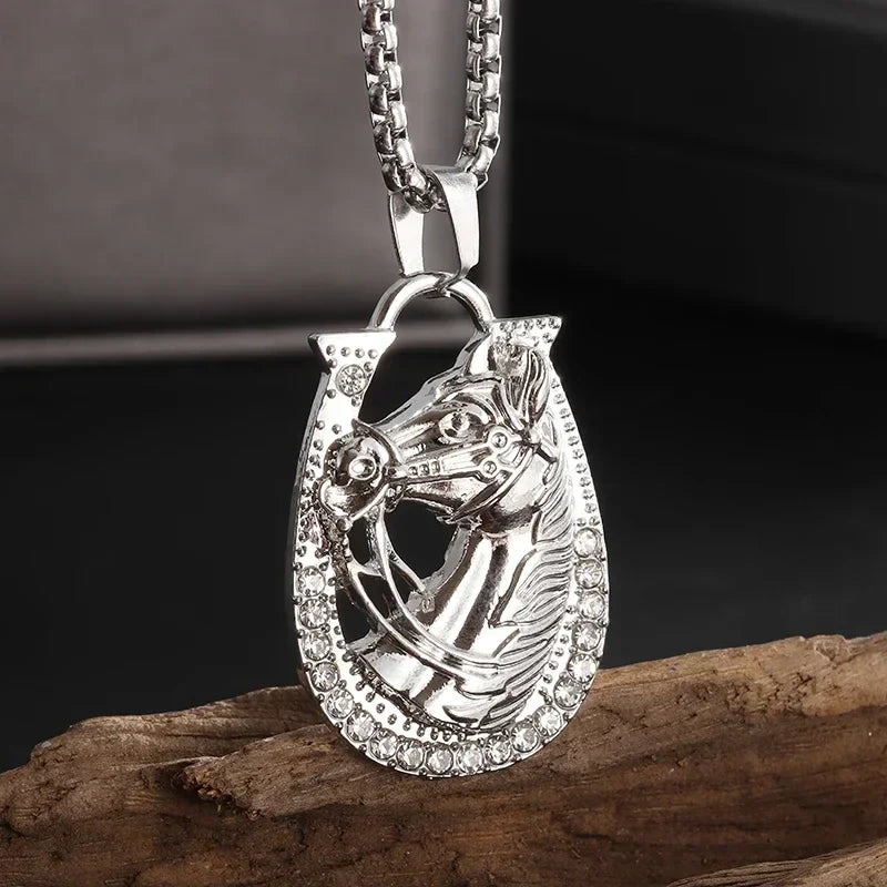 Silver horse head pendant with horseshoe design and clear crystals on a money bag necklace with shiny cubic zirconia
