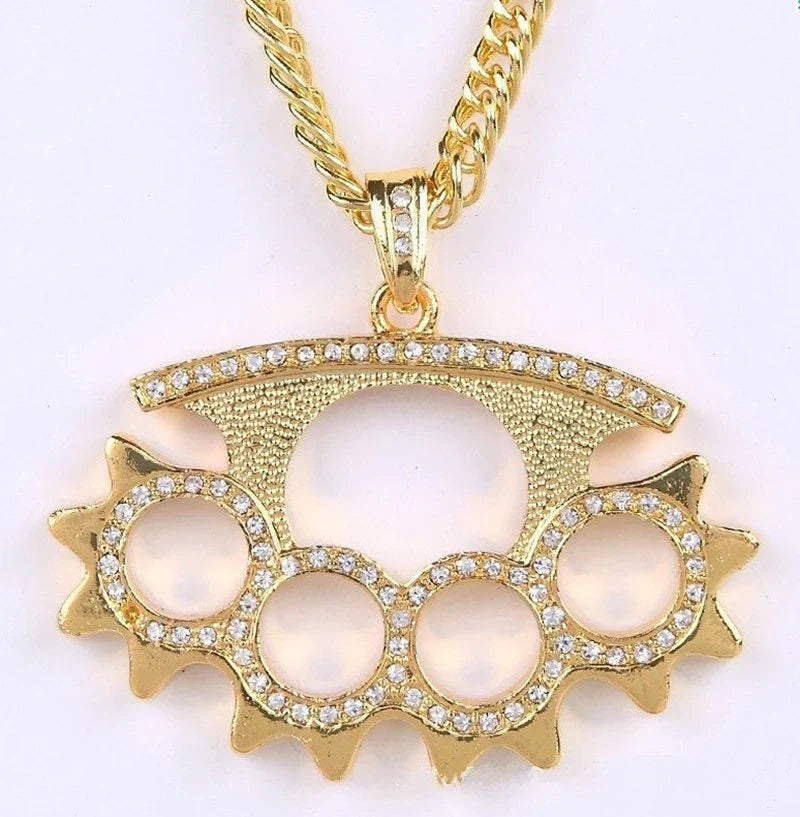 Gold-colored knuckle-duster pendant necklace with clear rhinestones and shiny cubic zirconia money bag necklace chain