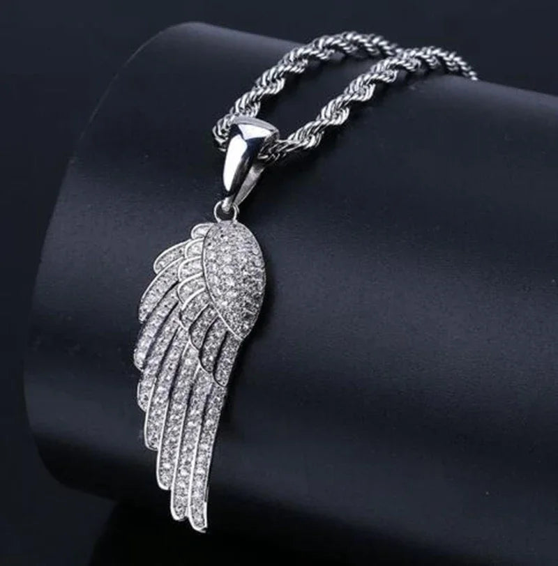 Silver angel wing pendant with textured rope chain adorned with shiny cubic zirconia in money bag necklace style