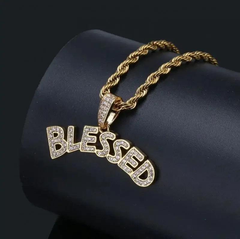 Gold-colored rope chain with diamond-encrusted blessed pendant and shiny cubic zirconia money bag necklace for men and women