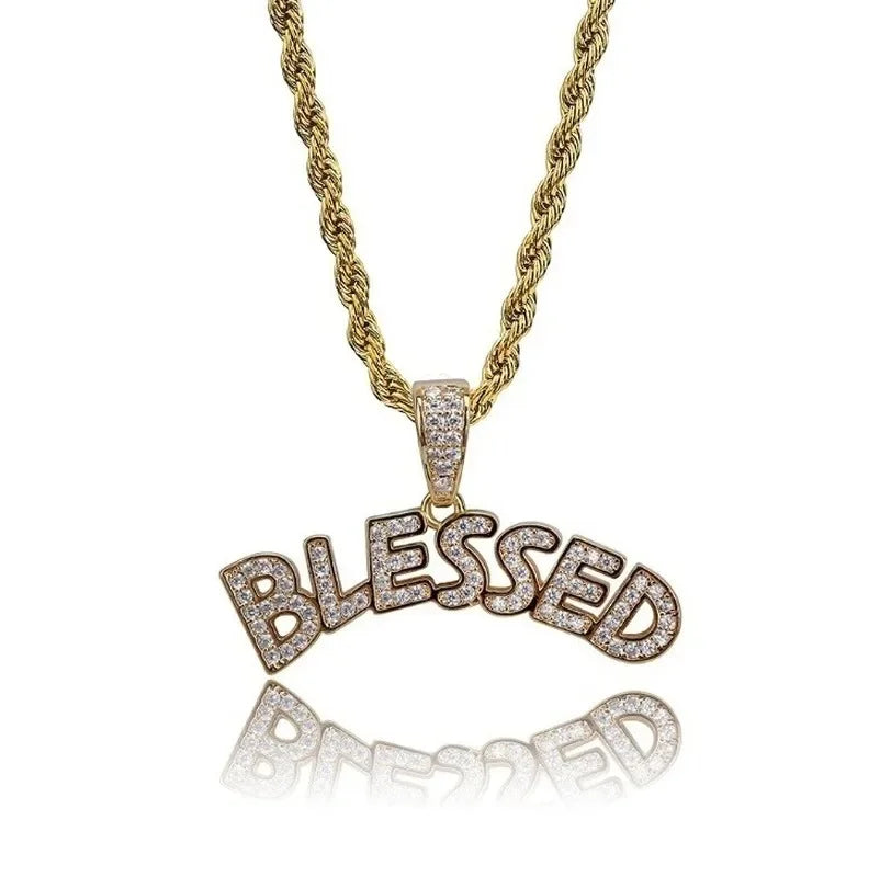 Gold-toned dollar money bag necklace with twisted rope chain and shiny cubic zirconia diamond-encrusted lettering
