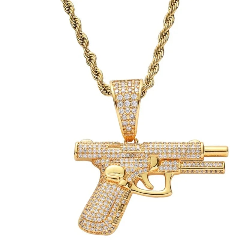 Gold-colored money bag necklace pendant with shiny cubic zirconia stones in a dense pavé setting for hip hop style