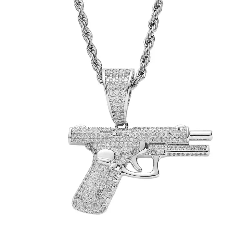 Silver gun-shaped money bag necklace with shiny cubic zirconia pave setting for men women hip hop jewelry
