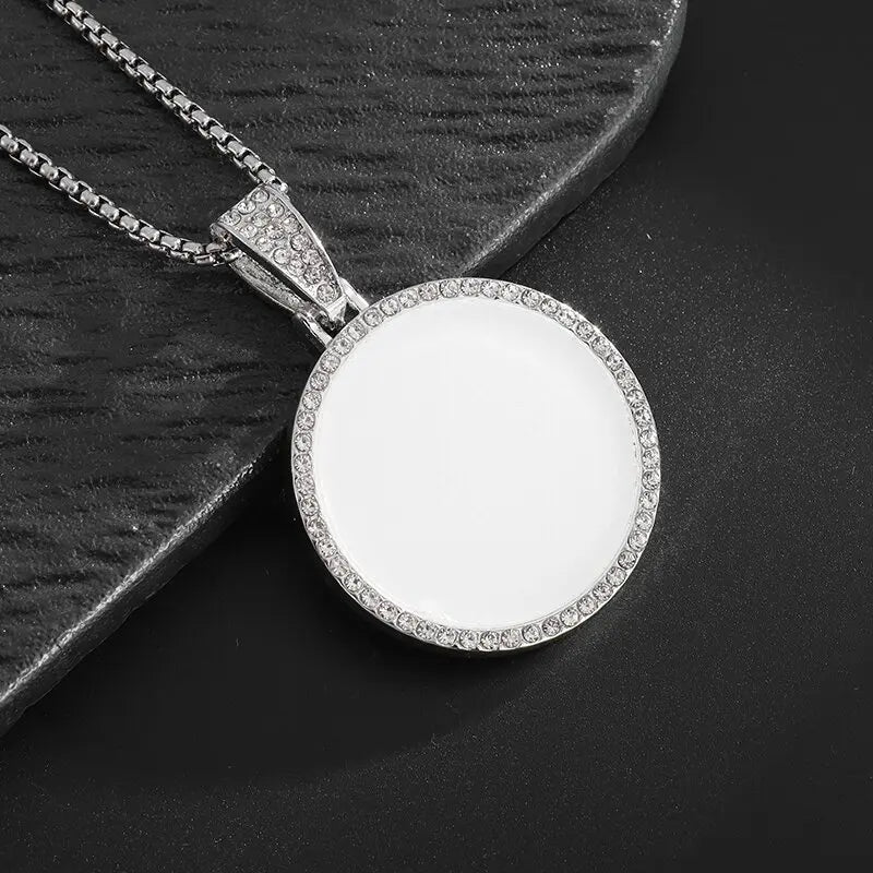 Silver money bag necklace with white enamel face encircled by shiny cubic zirconia rhinestones for men and women