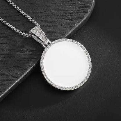 Silver money bag necklace with white enamel face encircled by shiny cubic zirconia rhinestones for men and women