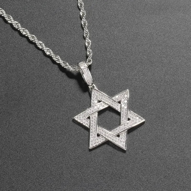 Silver star of david pendant with pave-set clear stones on twisted rope chain featuring shiny cubic zirconia accents