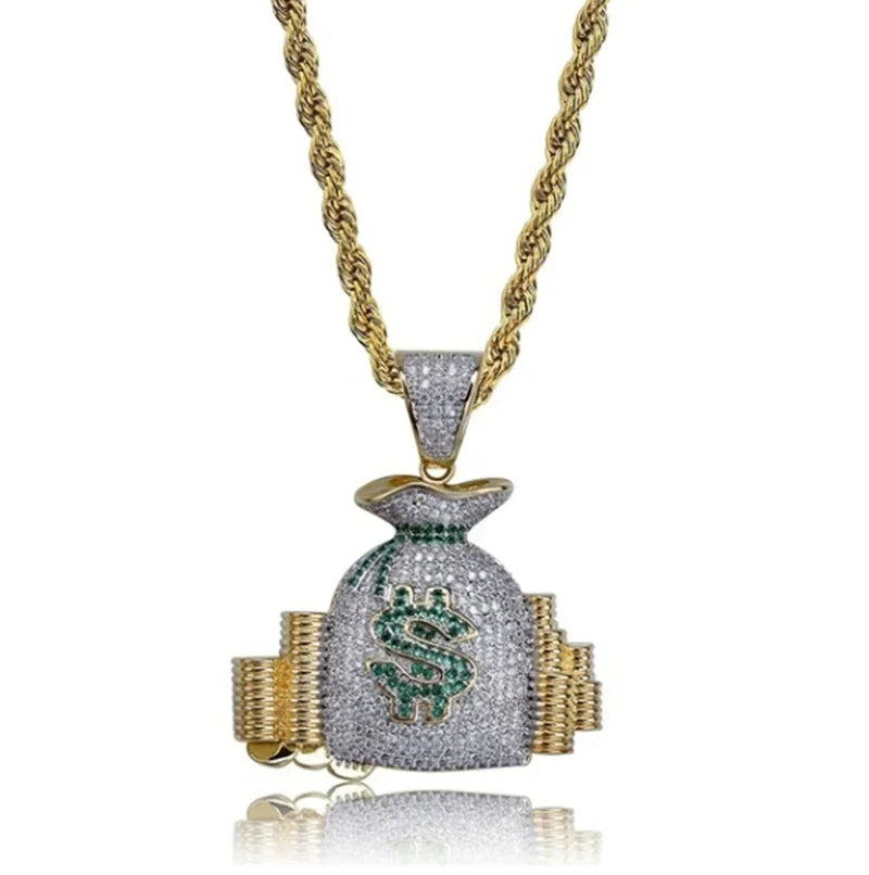 Gold chain money bag necklace with shiny cubic zirconia diamond and green dollar sign for hip hop style