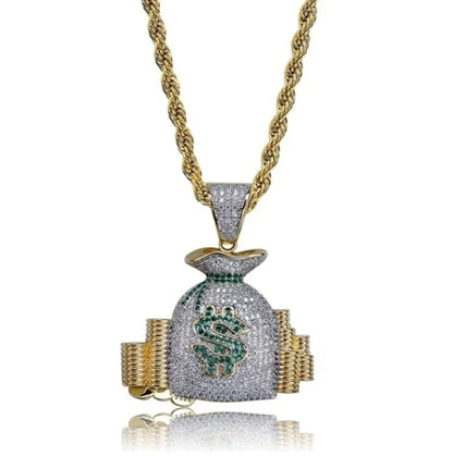 Gold chain money bag necklace with shiny cubic zirconia diamond and green dollar sign for hip hop style