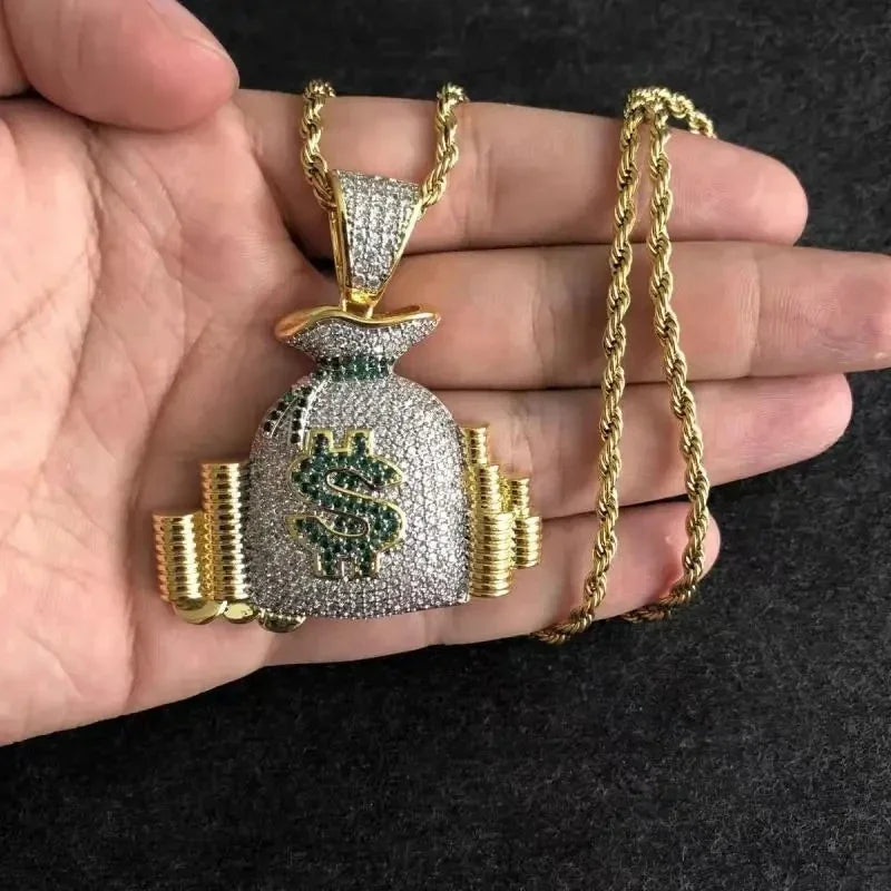 Gold-colored hip hop money bag necklace with shiny cubic zirconia stones and gold-toned coin stack accents