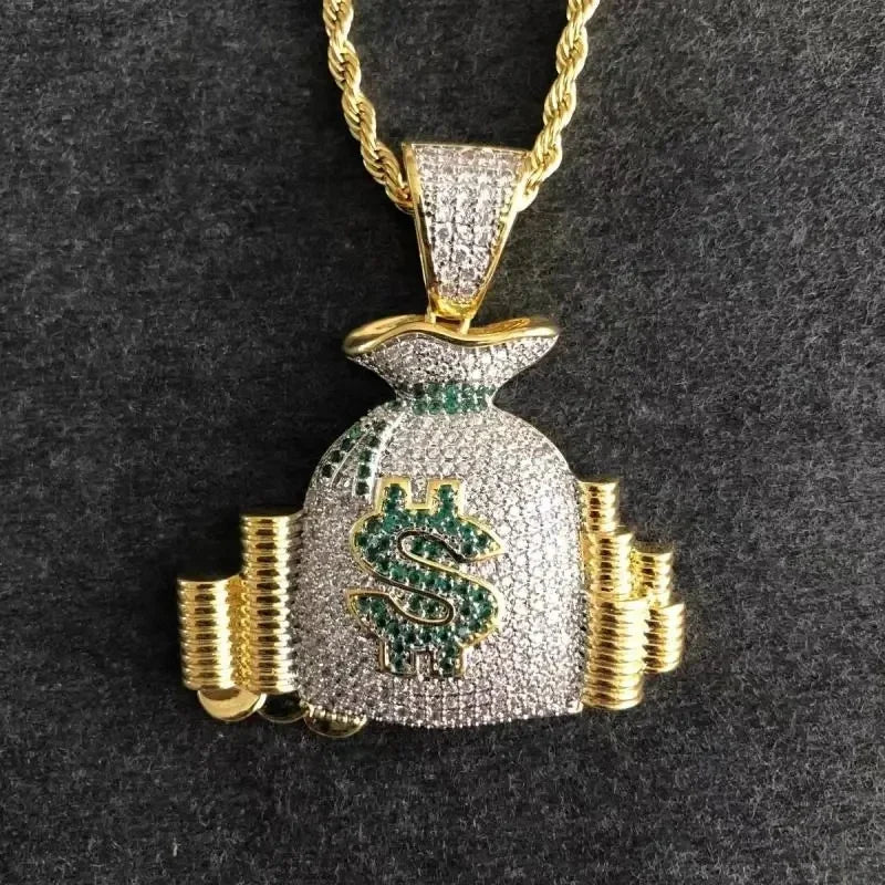 Gold and silver pave dollar money bag necklace with green dollar sign accent shiny cubic zirconia pendant for men and women