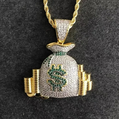 Gold and silver pave dollar money bag necklace with green dollar sign accent shiny cubic zirconia pendant for men and women