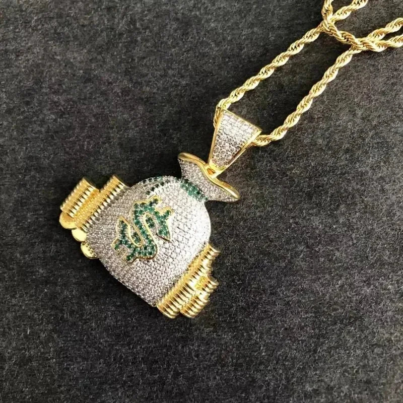 Gold-toned dollar money bag necklace with shiny cubic zirconia and green dollar sign on iced out chain for hip hop style