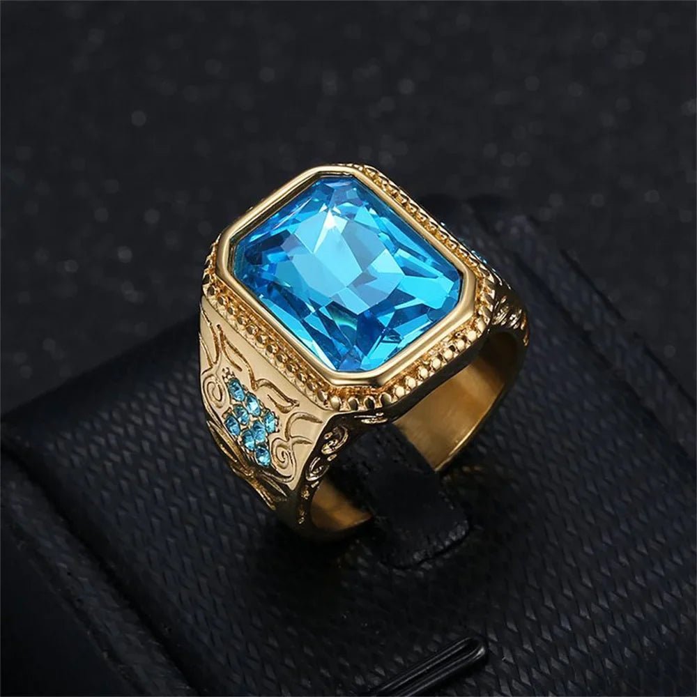 Gold color stainless steel hip hop ring with rectangular blue cubic zirconia and geometric design for men party jewelry gift