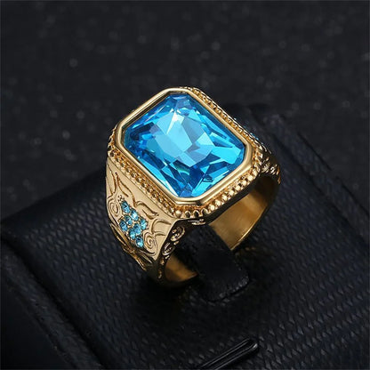 Gold color stainless steel hip hop ring with rectangular blue cubic zirconia and geometric design for men party jewelry gift