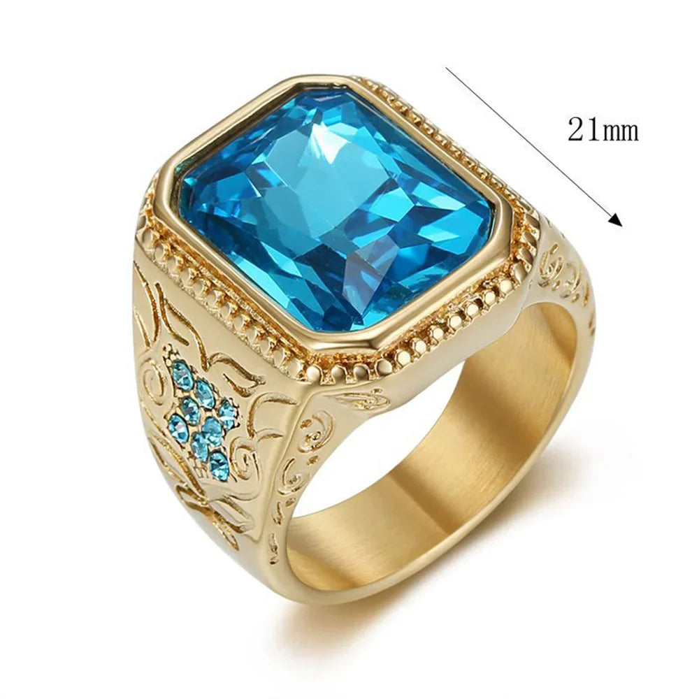 Gold-toned hip hop signet ring with large blue cubic zirconia geometric design stainless steel band for men party gift