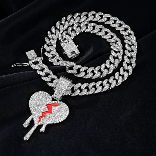 Silver hip hop iced out broken heart pendant necklace with red crack on miami cuban link rapper charm jewelry