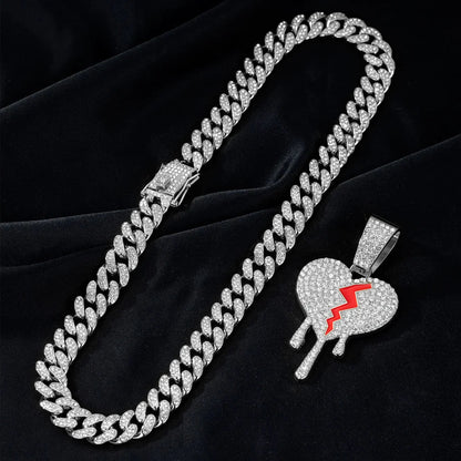Silver hip hop iced out broken heart pendant necklace with red lightning bolt and miami cuban link chain for men women