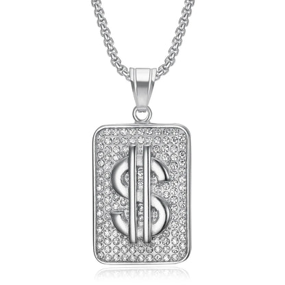 Silver rectangular pendant male stainless steel necklace featuring bold iced out dollar sign for party waterproof jewelry